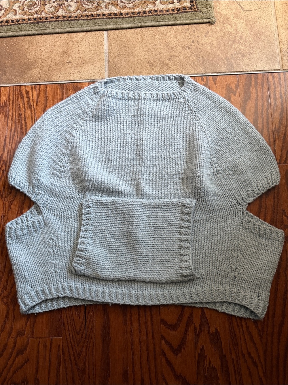 Hand-knit Chunky Light Blue Women's Pullover Cape/Shrug with Front Pocket